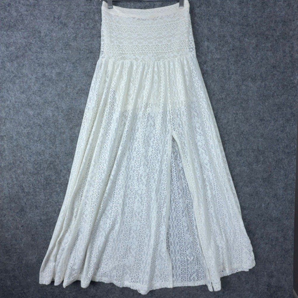 Hollister Lace Maxi Skirt Womens XS White Boho Festival Sheer Front Slit